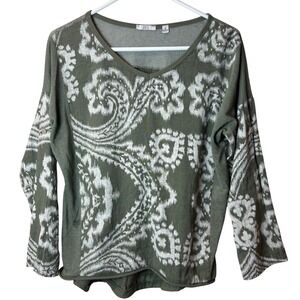 Kaktus 100% Linen Boho Paisley Top M Green 3/4 Roll Tab Sleeve Made in Italy